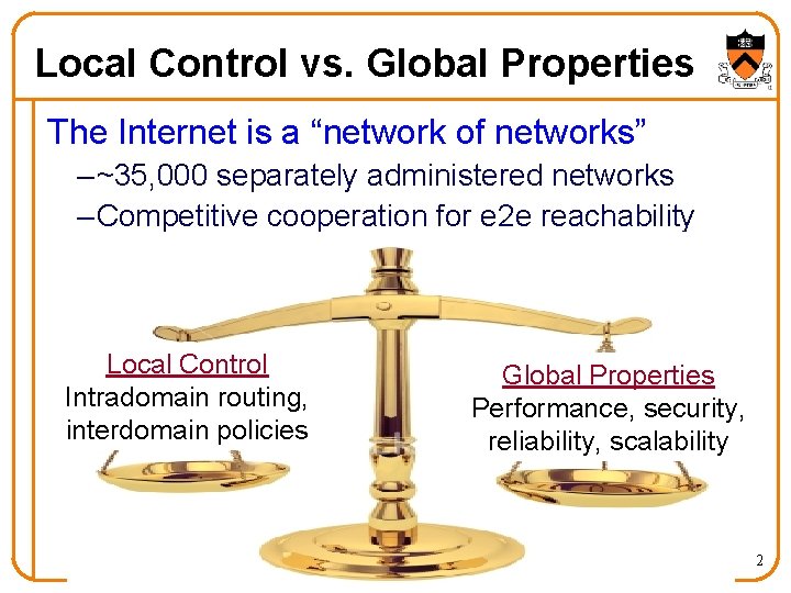Local Control vs. Global Properties The Internet is a “network of networks” – ~35,