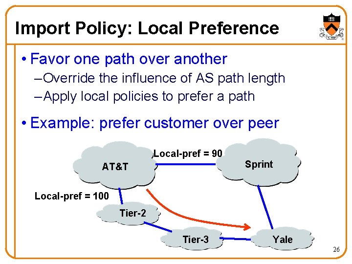 Import Policy: Local Preference • Favor one path over another – Override the influence