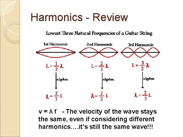 Harmonics - Review v = λ f - The velocity of the wave stays