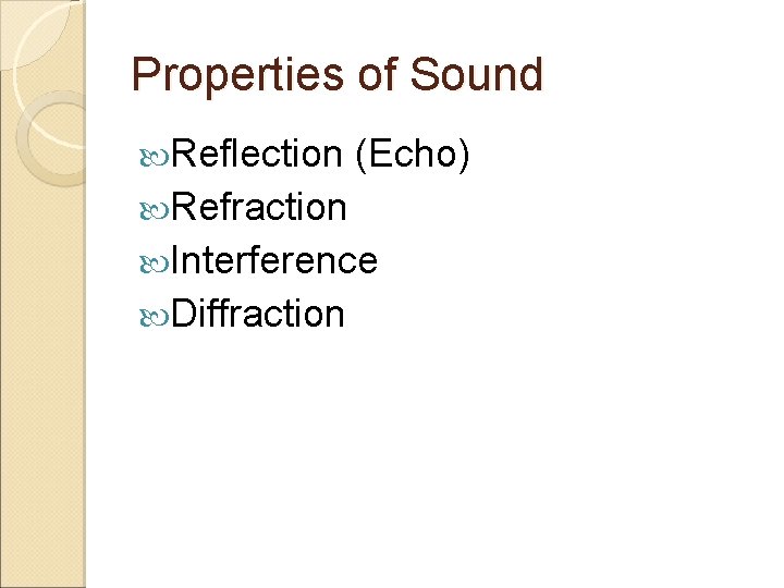 Properties of Sound Reflection (Echo) Refraction Interference Diffraction 