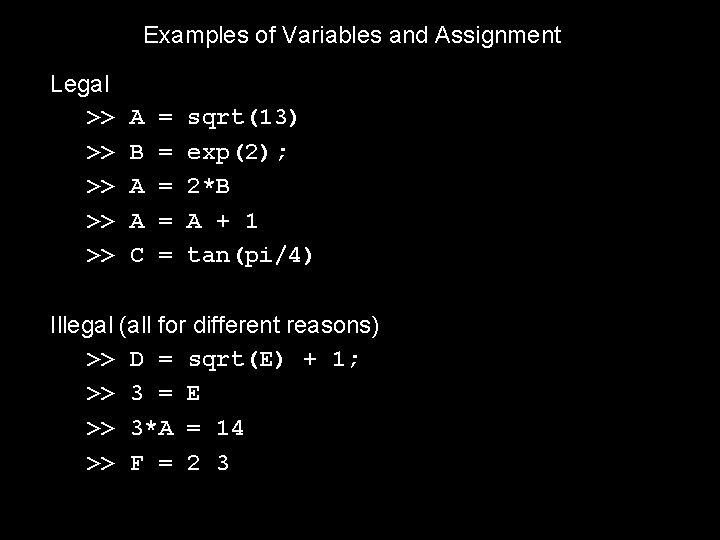 Examples of Variables and Assignment Legal >> >> >> A B A A C