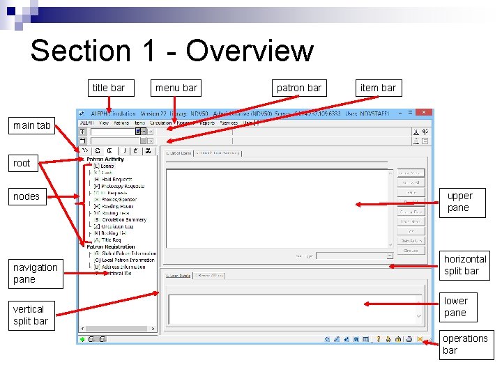 Section 1 - Overview title bar menu bar patron bar item bar main tab