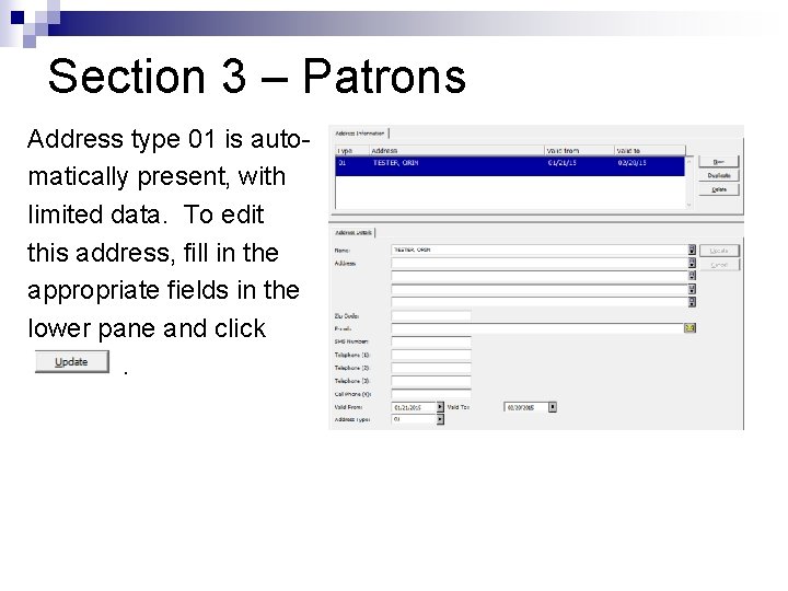 Section 3 – Patrons Address type 01 is automatically present, with limited data. To