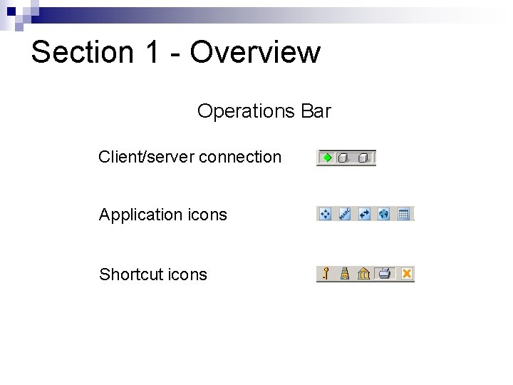 Section 1 - Overview Operations Bar Client/server connection Application icons Shortcut icons 