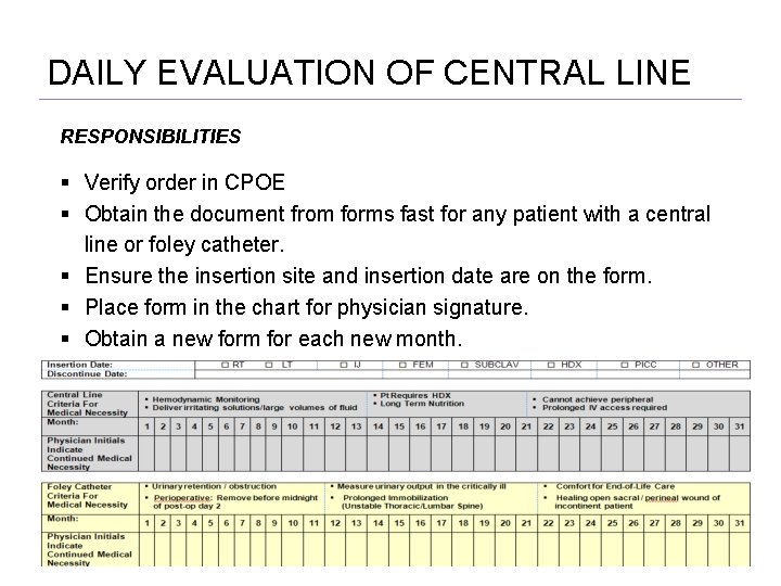 DAILY EVALUATION OF CENTRAL LINE RESPONSIBILITIES Verify order in CPOE Obtain the document from