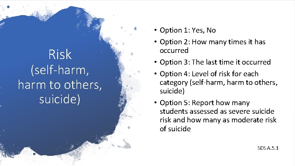 Risk (self-harm, harm to others, suicide) • Option 1: Yes, No • Option 2: