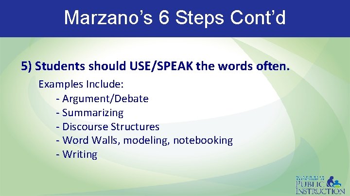 Marzano’s 6 Steps Cont’d 5) Students should USE/SPEAK the words often. Examples Include: -