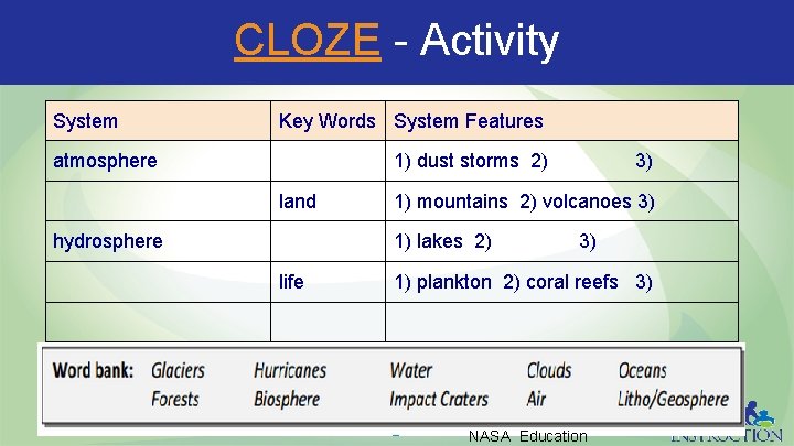 CLOZE - Activity System Key Words System Features atmosphere 1) dust storms 2) land