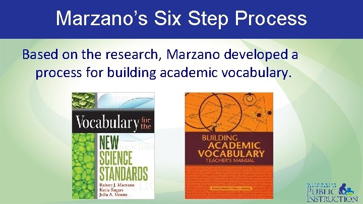 Marzano’s Six Step Process Based on the research, Marzano developed a process for building