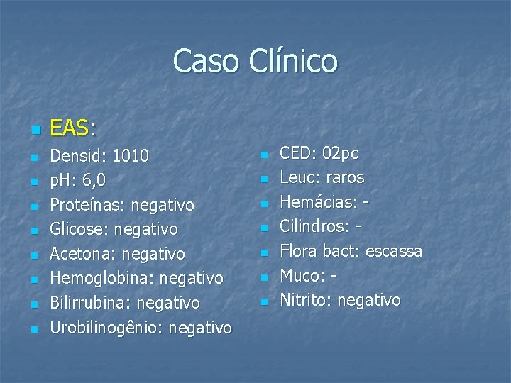 Caso Clínico n n n n n EAS: Densid: 1010 p. H: 6, 0