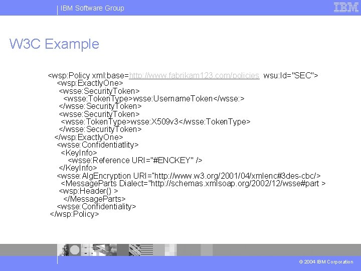 IBM Software Group W 3 C Example <wsp: Policy xml: base=http: //www. fabrikam 123.