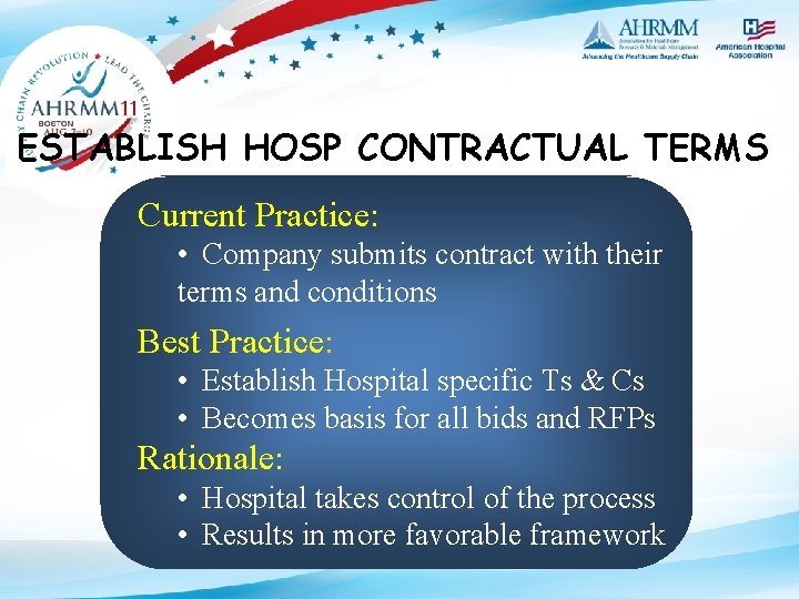ESTABLISH HOSP CONTRACTUAL TERMS Current Practice: • Company submits contract with their terms and