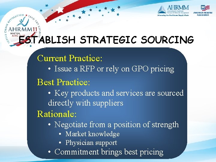 ESTABLISH STRATEGIC SOURCING Current Practice: • Issue a RFP or rely on GPO pricing