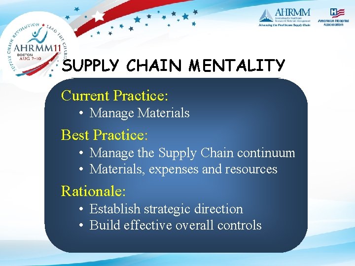 SUPPLY CHAIN MENTALITY Current Practice: • Manage Materials Best Practice: • Manage the Supply