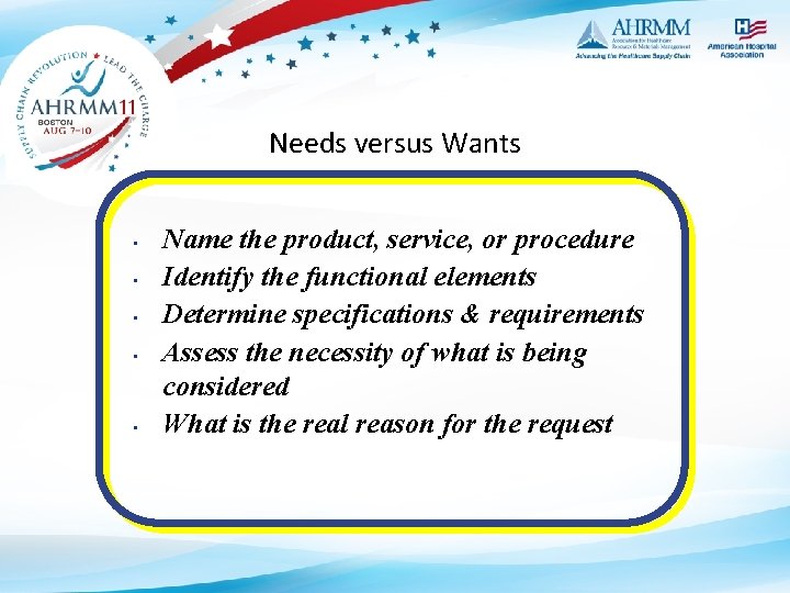 Needs versus Wants • • • Name the product, service, or procedure Identify the