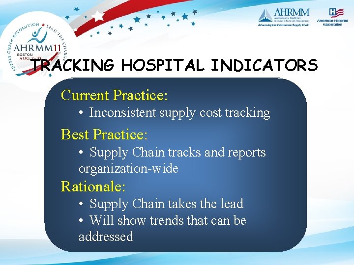 TRACKING HOSPITAL INDICATORS Current Practice: • Inconsistent supply cost tracking Best Practice: • Supply