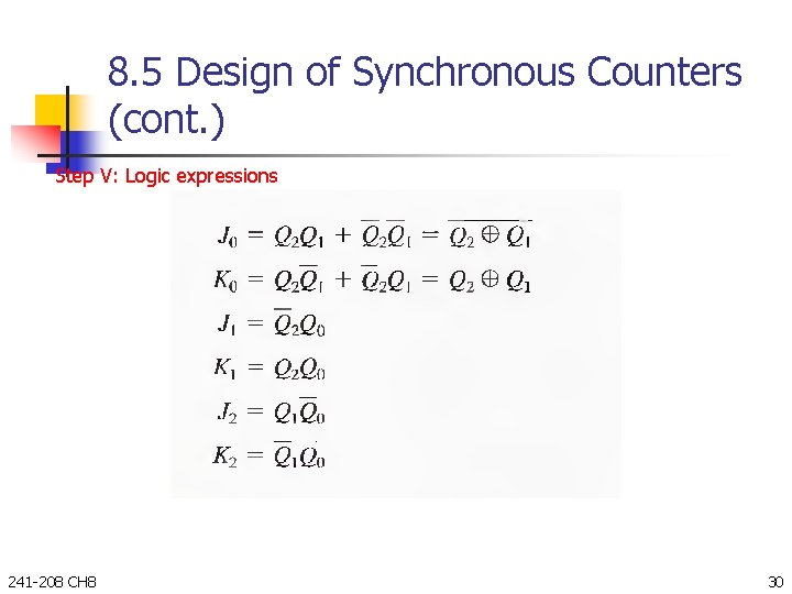 8. 5 Design of Synchronous Counters (cont. ) Step V: Logic expressions 241 -208
