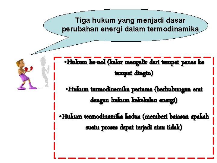 Tiga hukum yang menjadi dasar perubahan energi dalam termodinamika • Hukum ke-nol (kalor mengalir