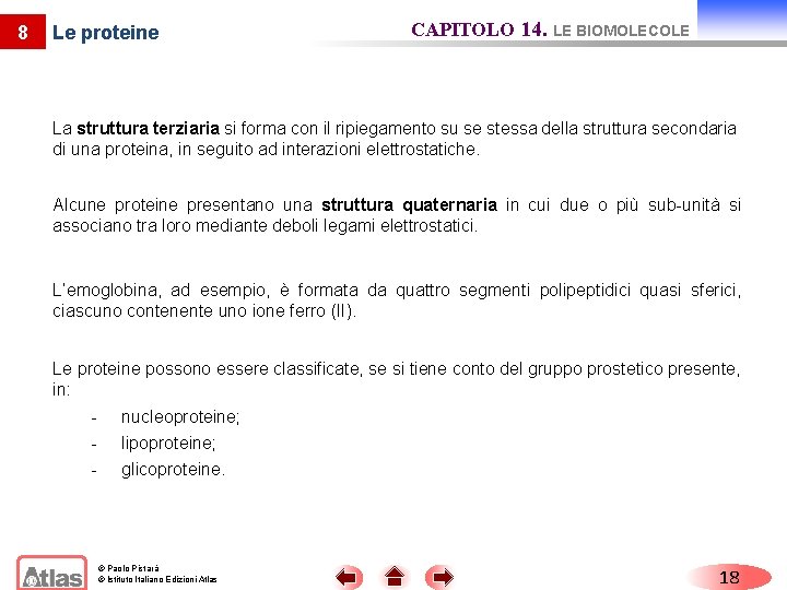 8 Le proteine CAPITOLO 14. LE BIOMOLECOLE La struttura terziaria si forma con il