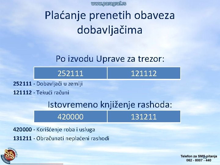 Plaćanje prenetih obaveza dobavljačima Po izvodu Uprave za trezor: 252111 121112 252111 - Dobavljači