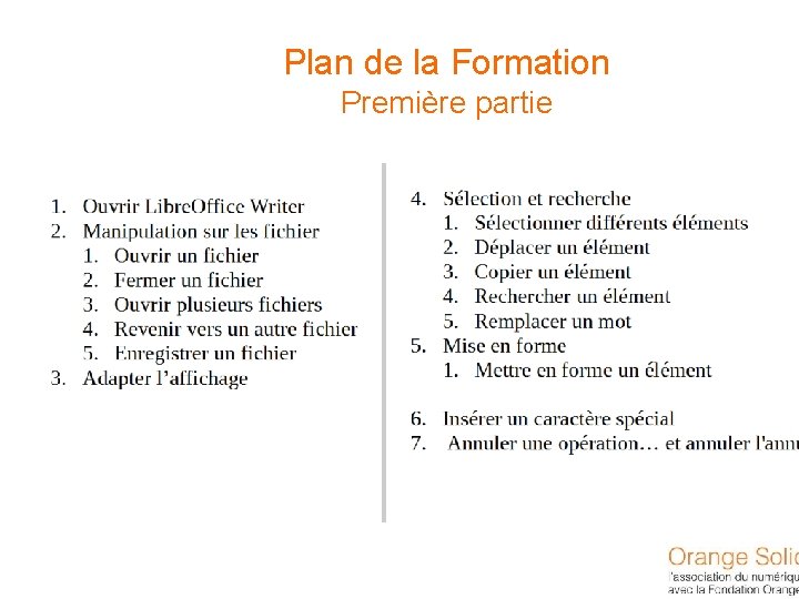 Plan de la Formation Première partie 