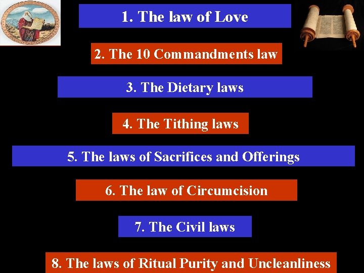 1. The law of Love 2. The 10 Commandments law 3. The Dietary laws