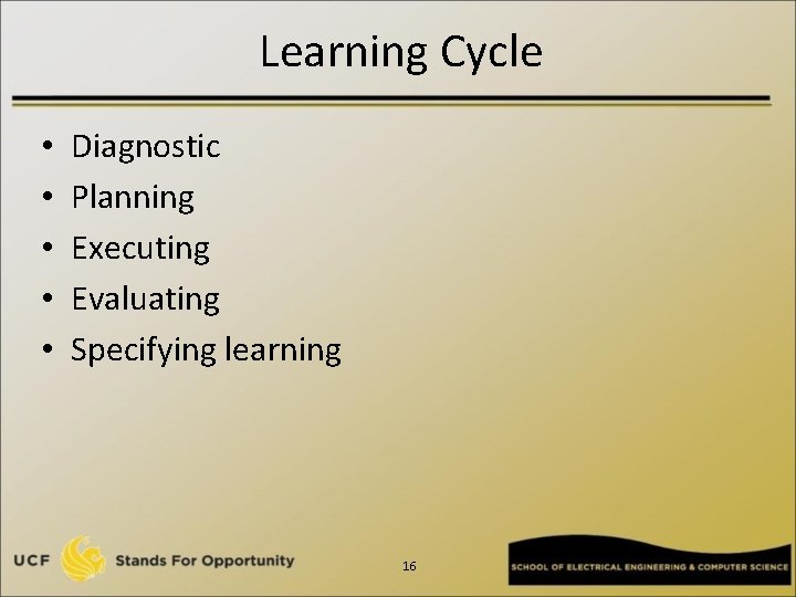Learning Cycle • • • Diagnostic Planning Executing Evaluating Specifying learning 16 