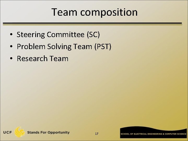 Team composition • Steering Committee (SC) • Problem Solving Team (PST) • Research Team