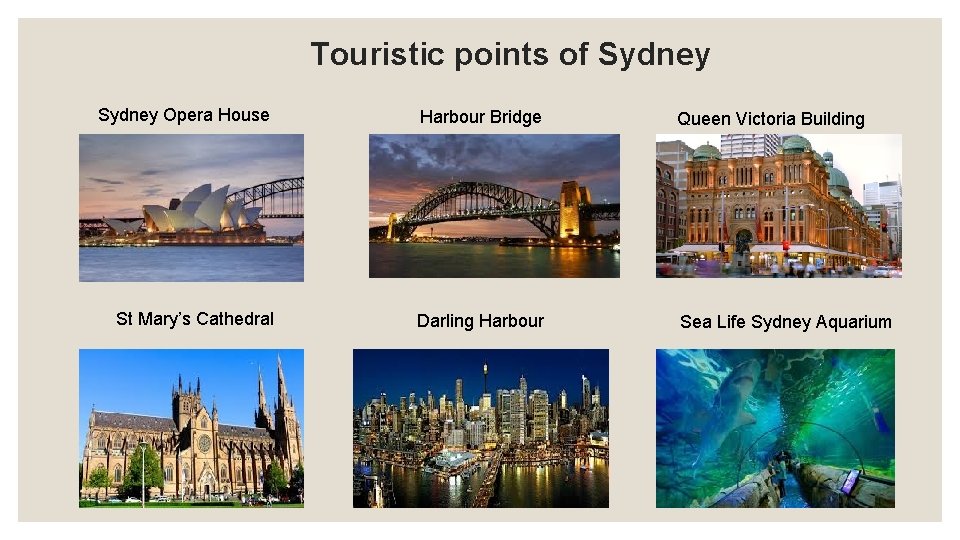 Touristic points of Sydney Opera House Harbour Bridge Queen Victoria Building St Mary’s Cathedral