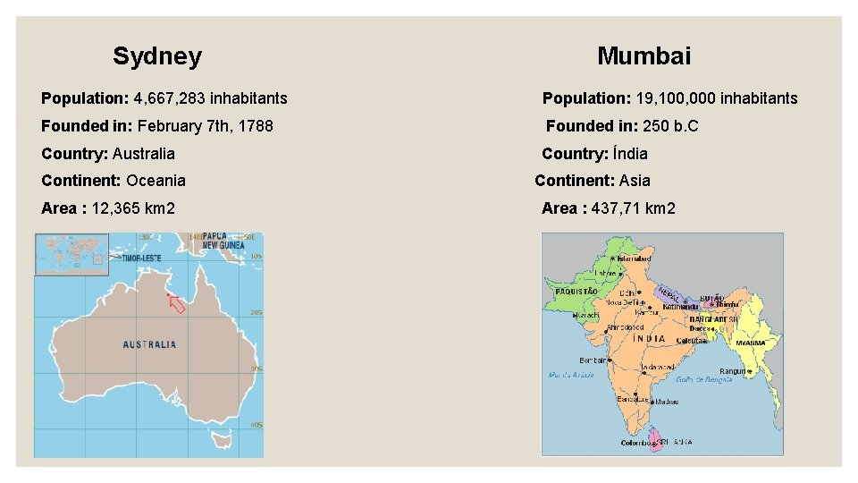 Sydney Mumbai Population: 4, 667, 283 inhabitants Population: 19, 100, 000 inhabitants Founded in: