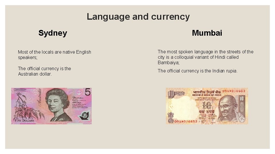 Language and currency Sydney Mumbai Most of the locals are native English speakers; The