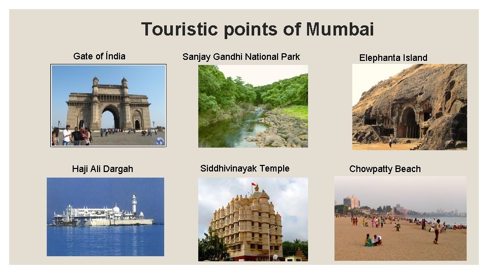 Touristic points of Mumbai Gate of Índia Haji Ali Dargah Sanjay Gandhi National Park