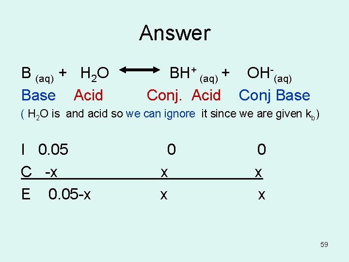 Answer B (aq) + H 2 O Base Acid BH+ (aq) + OH-(aq) Conj.