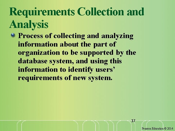 Requirements Collection and Analysis Process of collecting and analyzing information about the part of