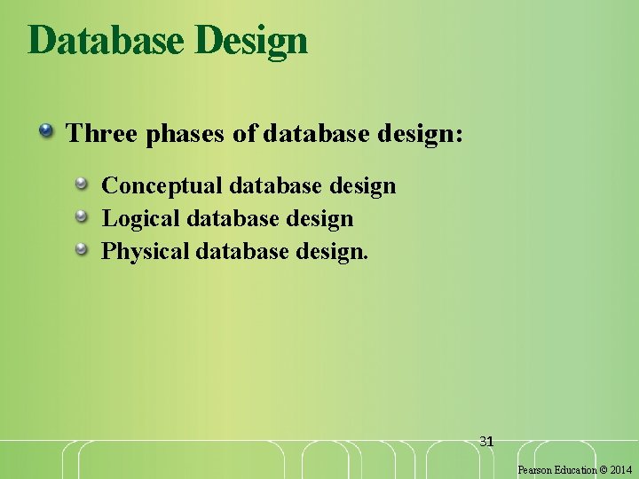 Database Design Three phases of database design: Conceptual database design Logical database design Physical