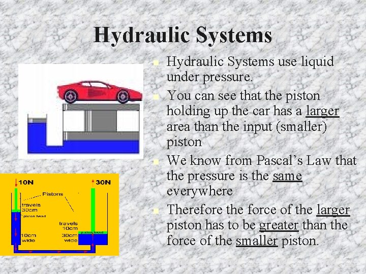 Hydraulic Systems n n Hydraulic Systems use liquid under pressure. You can see that