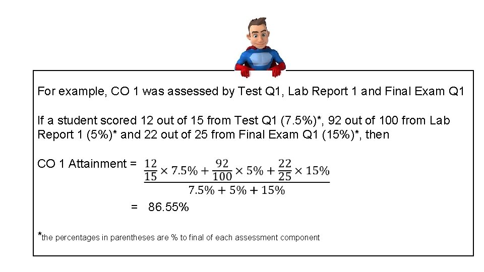 For example, CO 1 was assessed by Test Q 1, Lab Report 1 and