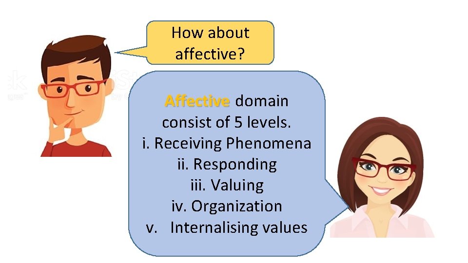 How about affective? Affective domain consist of 5 levels. i. Receiving Phenomena ii. Responding