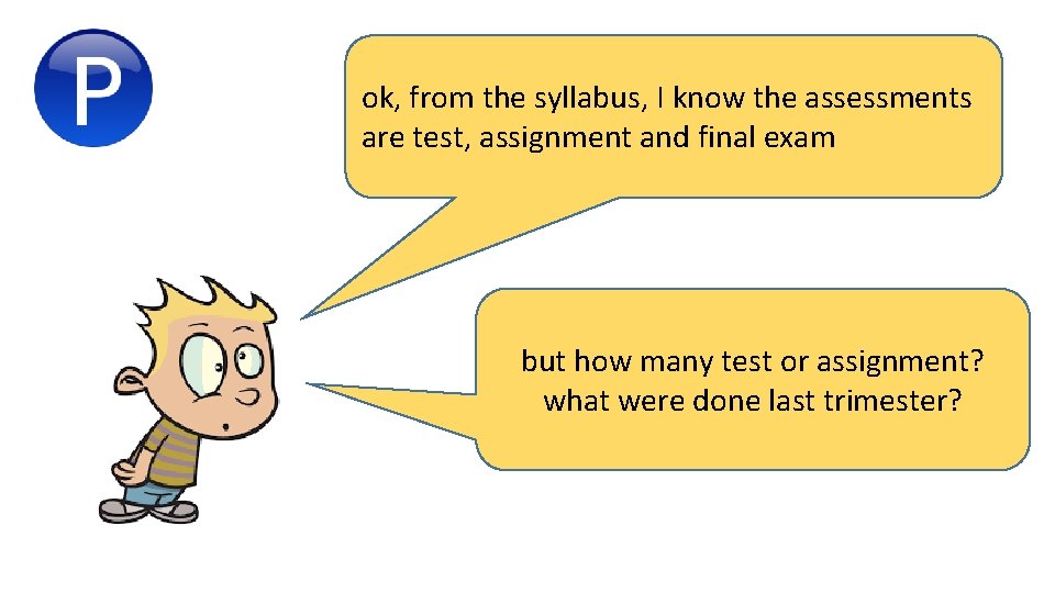 ok, from the syllabus, I know the assessments are test, assignment and final exam