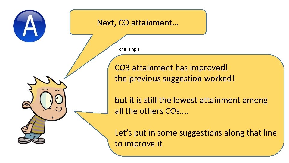 Next, CO attainment. . . For example: CO 3 attainment has improved! the previous