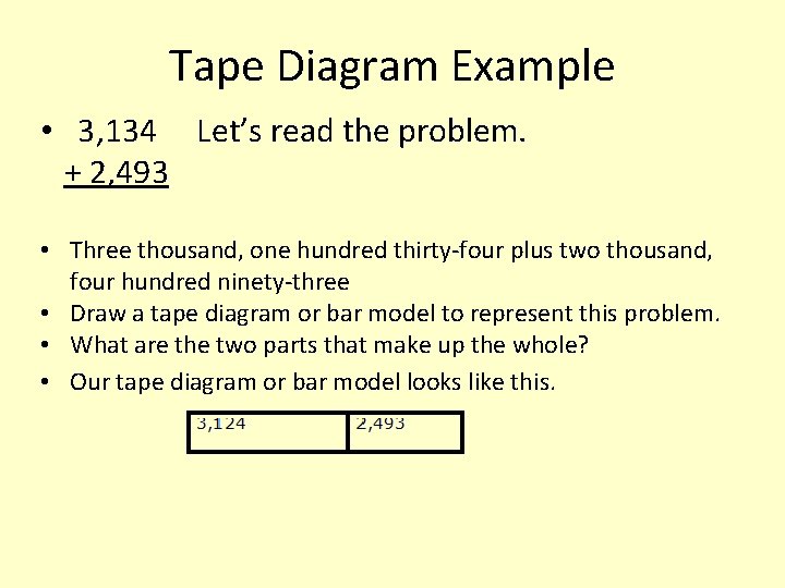 Tape Diagram Example • 3, 134 Let’s read the problem. + 2, 493 •