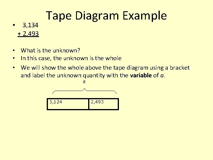  • 3, 134 + 2, 493 Tape Diagram Example • What is the