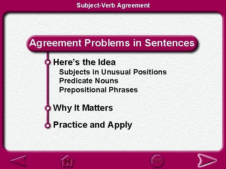 Subject-Verb Agreement Problems in Sentences Here’s the Idea Subjects in Unusual Positions Predicate Nouns