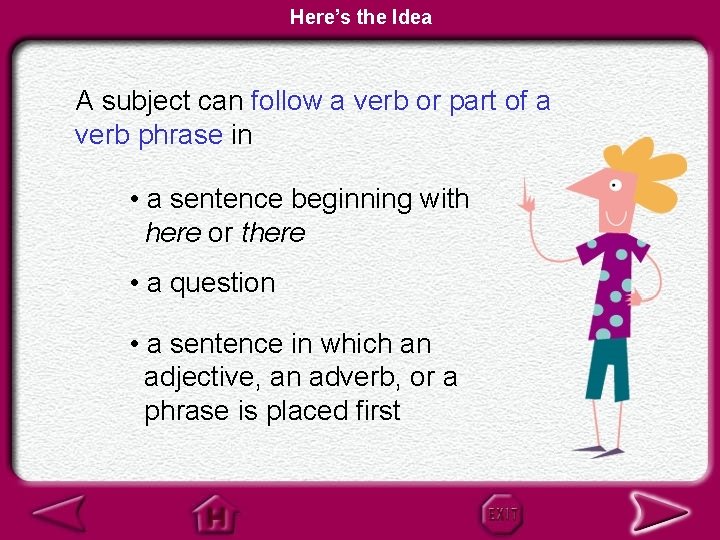 Here’s the Idea A subject can follow a verb or part of a verb