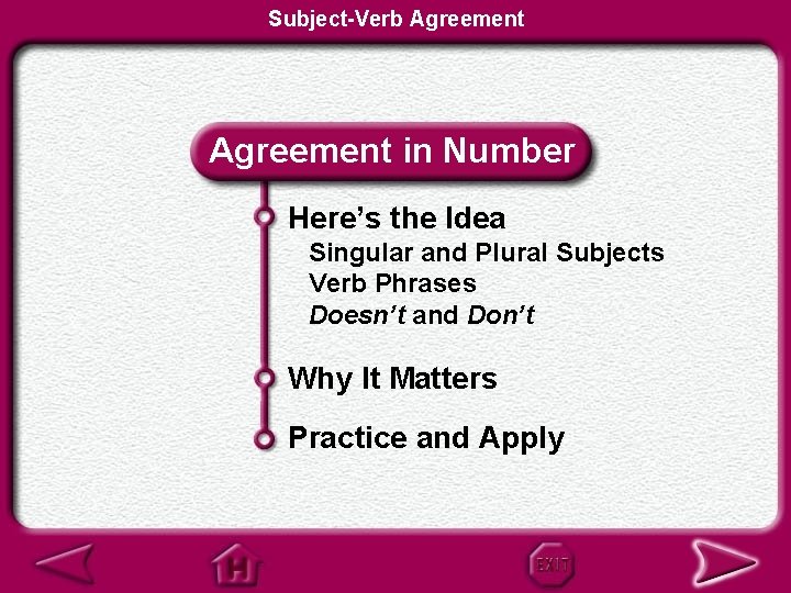 Subject-Verb Agreement in Number Here’s the Idea Singular and Plural Subjects Verb Phrases Doesn’t