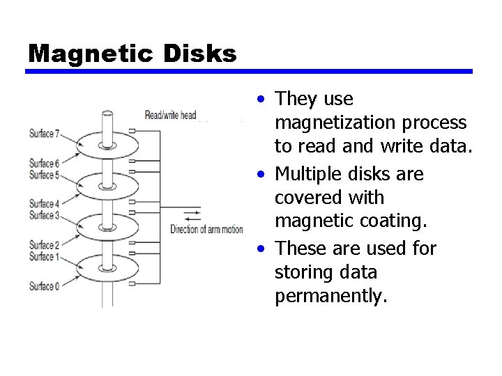 Magnetic Disks • They use magnetization process to read and write data. • Multiple