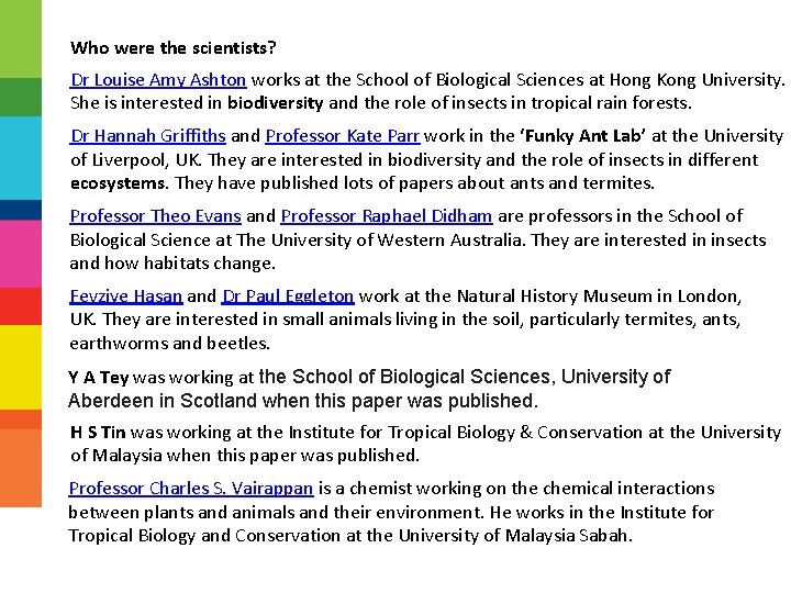 Who were the scientists? Dr Louise Amy Ashton works at the School of Biological