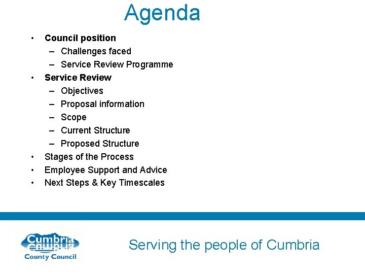 Agenda • • • Council position – Challenges faced – Service Review Programme Service