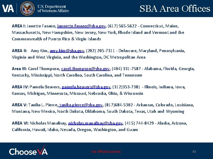 SBA Area Offices AREA I: Janette Fasano, jannette. fasano@sba. gov, (617) 565 -5622 -