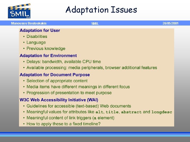 Adaptation Issues Manousos Bouloukakis SMIL 26/05/2001 